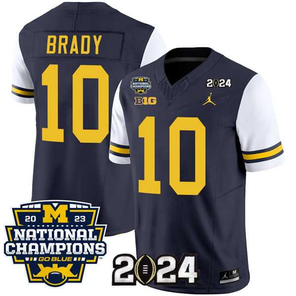 Mens Michigan Wolverines #10 Tom Brady Navy White 2024 F.U.S.E. With 2023 National Champions Patch Stitched Jersey->->NCAA Jersey
